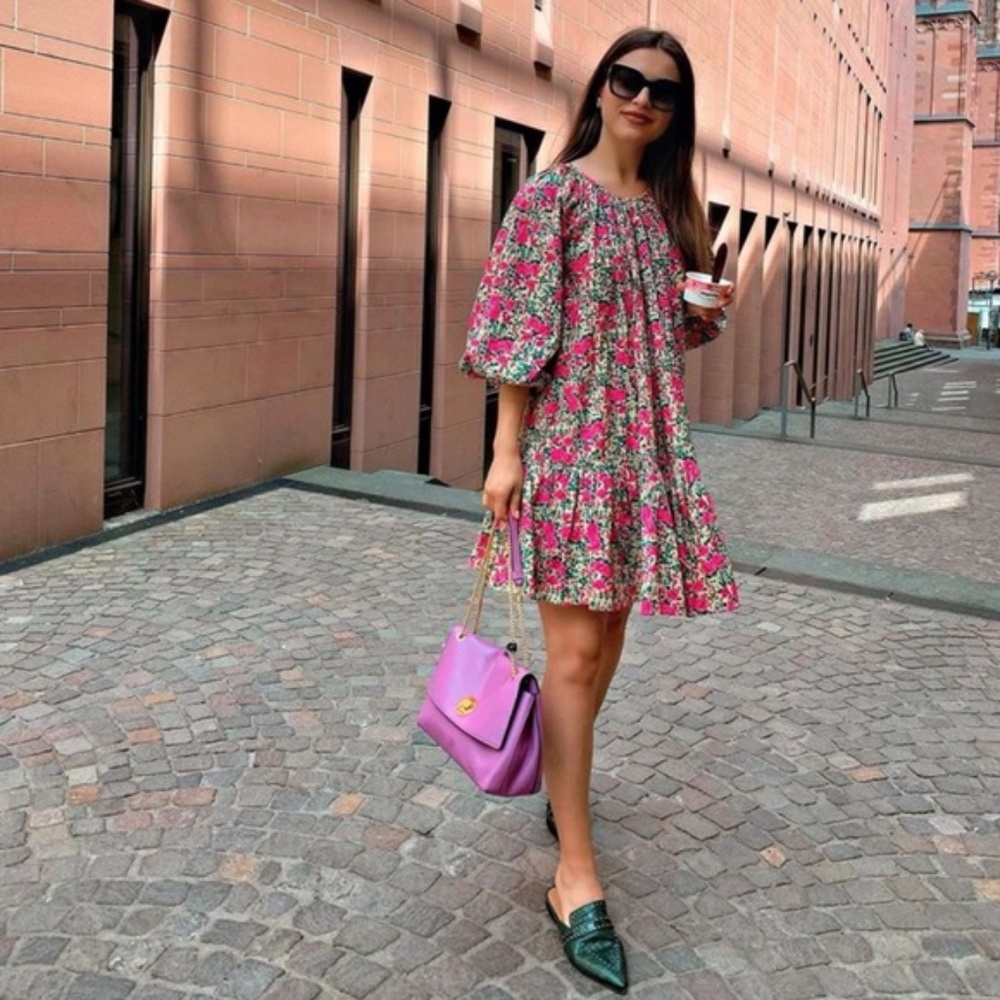 Zara Puff Shoulder Cotton Print Dress NWT